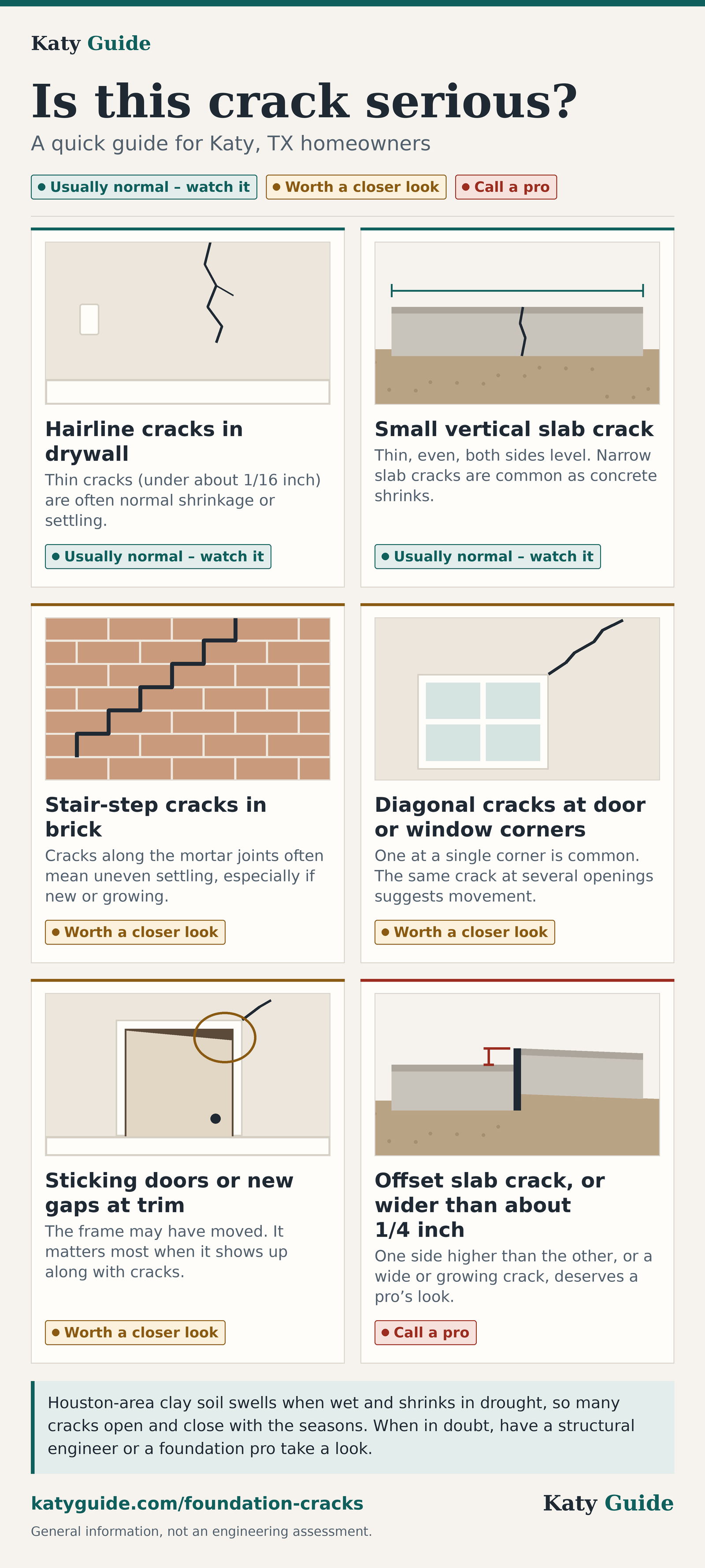 Chart titled "Is this crack serious?" sorting common crack types into three levels. Usually normal, watch it: hairline cracks in drywall; small vertical slab crack. Worth a closer look: stair-step cracks in brick; diagonal cracks at door or window corners; sticking doors or new gaps at trim. Call a pro: offset slab crack, or wider than about 1/4 inch.